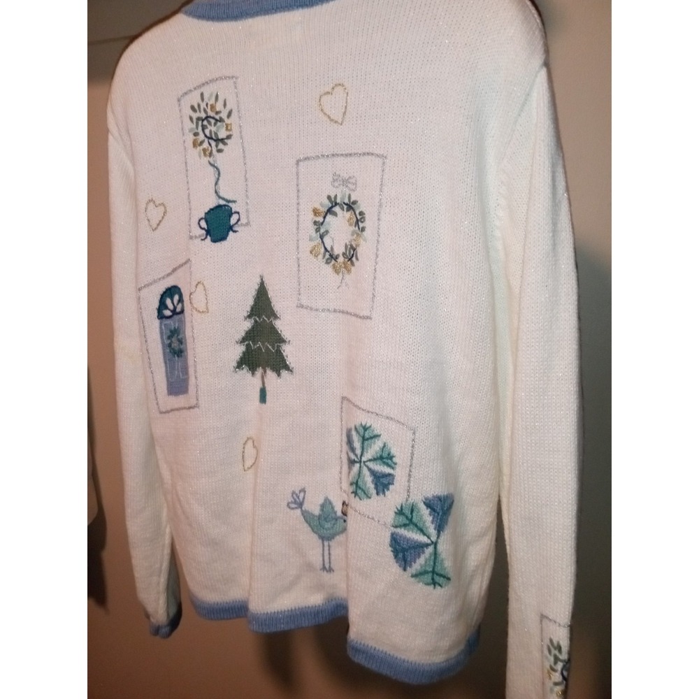 Vintage Winter Wonderland Embroidered Cardigan Sweater Blue Cream Christmas L - Picture 9 of 15